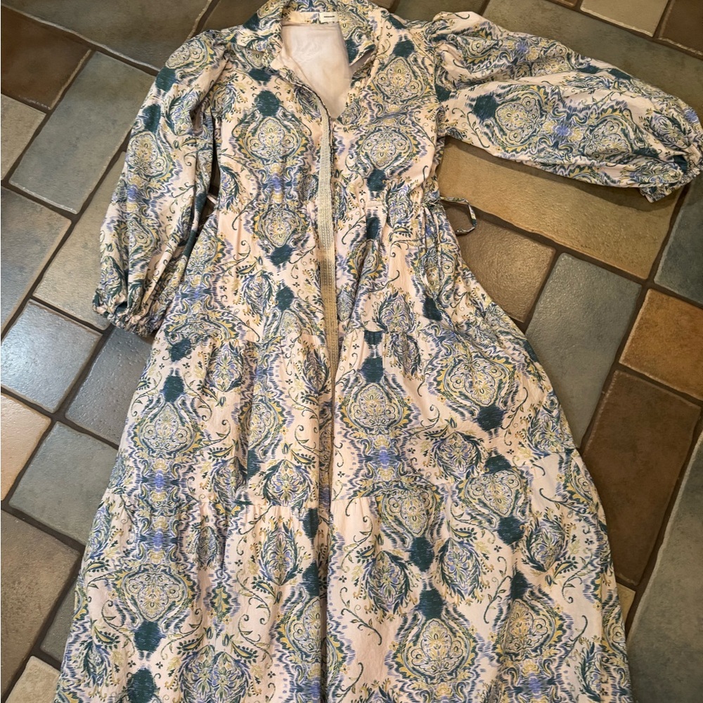 AUREUM Blue and White Buttoned Gown with Bishop Sleeves